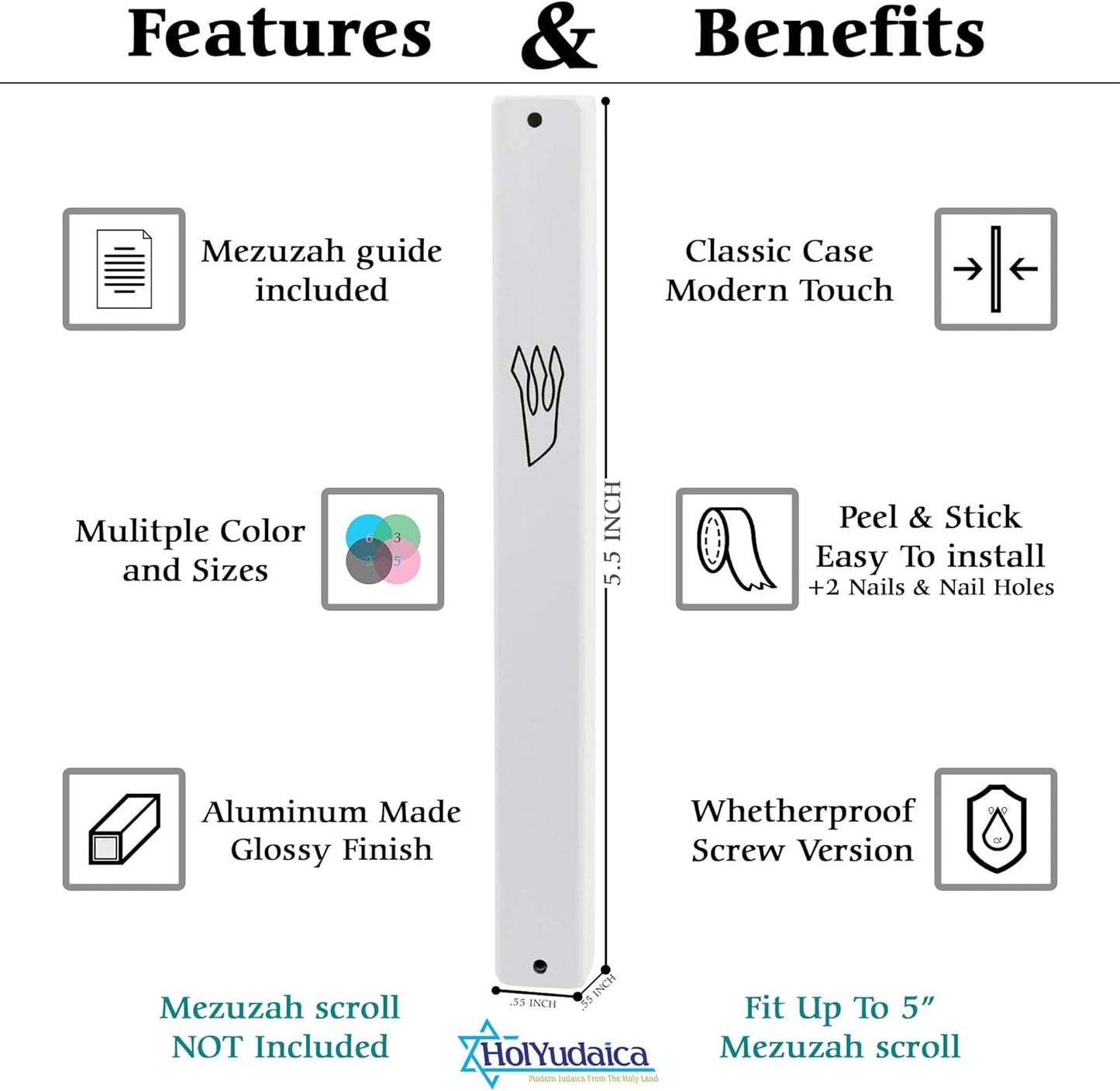 3-Pack Classic Aluminum Mezuzah Case for Mezuzah Scroll (with Nail), Weather Proof, Easy Peel and Stick (White, 5.5inch)
