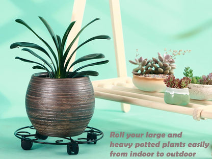 3 Packs 12.8" Metal Plant Caddy With Wheels - Large Rolling Stands Heavy-Duty Wrought Iron Roller Base Pot Movers