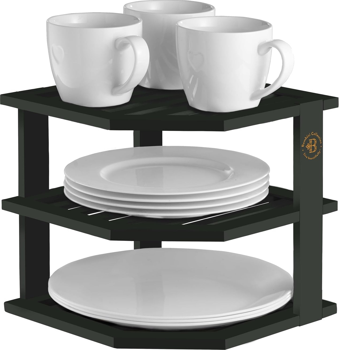 Countertop Bambuesi Plate Organizer for Cabinet - Corner Cabinet Organizer and Kitchen Cabinet Organizer Shelf, Kitchen