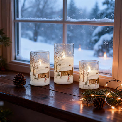 DRomance Snowman Glass Flameless Candles Battery Operated with Remote and Timer Real Wax LED Flickering Pillar Candles White Cold Light Window Christmas Holiday Decor D3 x 4",5",6"