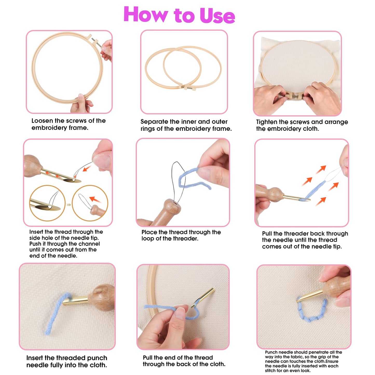 Cheloment 3 Sets Punch Needle Kits for Beginners,Includes Needles,Pattern Fabric,Yarns and Hoops, Needle Punch Kits for Adults&Kids,Easy to Learn,Stress Relief,Great for Home Decor