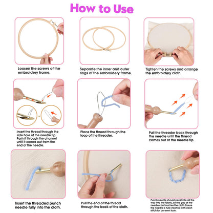 Cheloment 2 Sets Punch Needle Kits with 5mm/3.5mm Punch Needle,Fabric,Threader, Yarns and Hoops Embroidery Starter Kit for Adults Beginner, Perfect for DIY Craft and Decoration (Moon&Leaf)