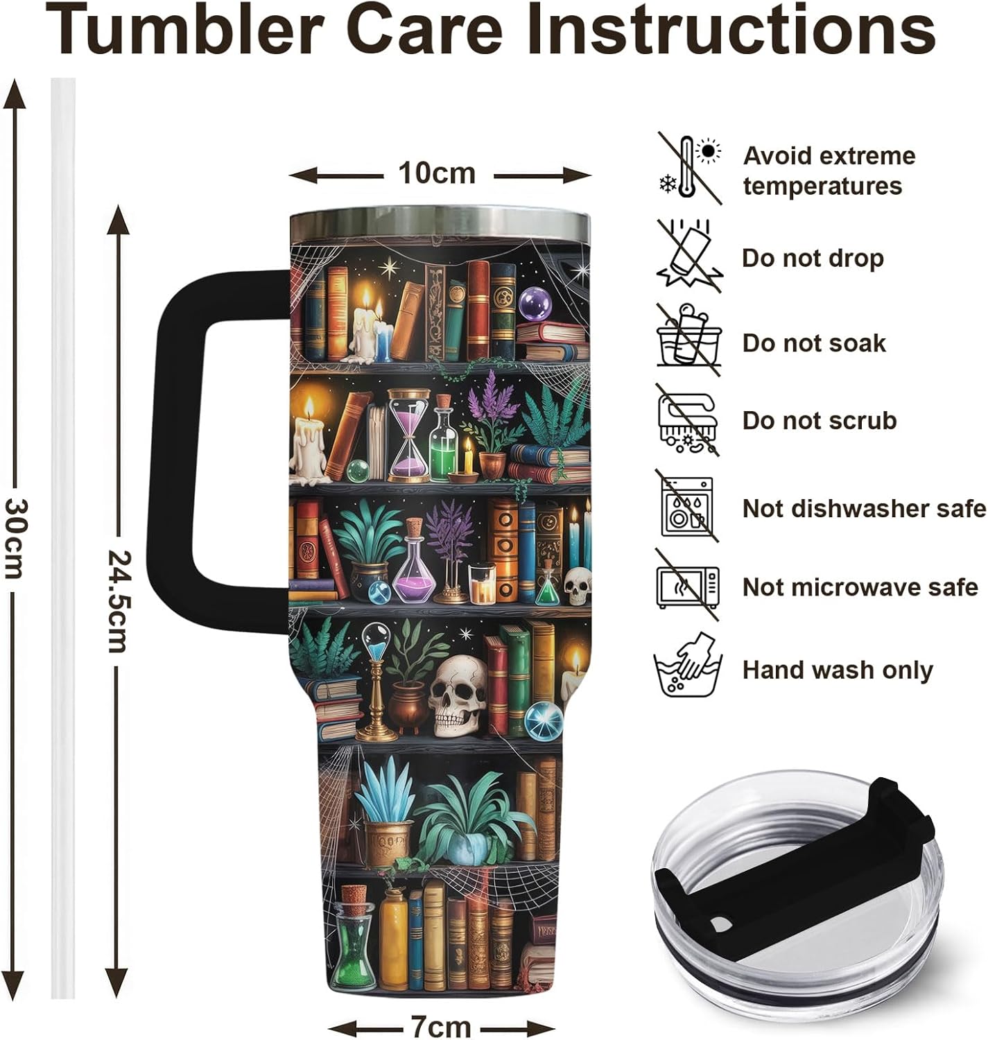 40oz Reading Bookshelf Tumbler With Handle And Straw, Insulated Stainless Steel Travel Cup, Bookish Water Bottle