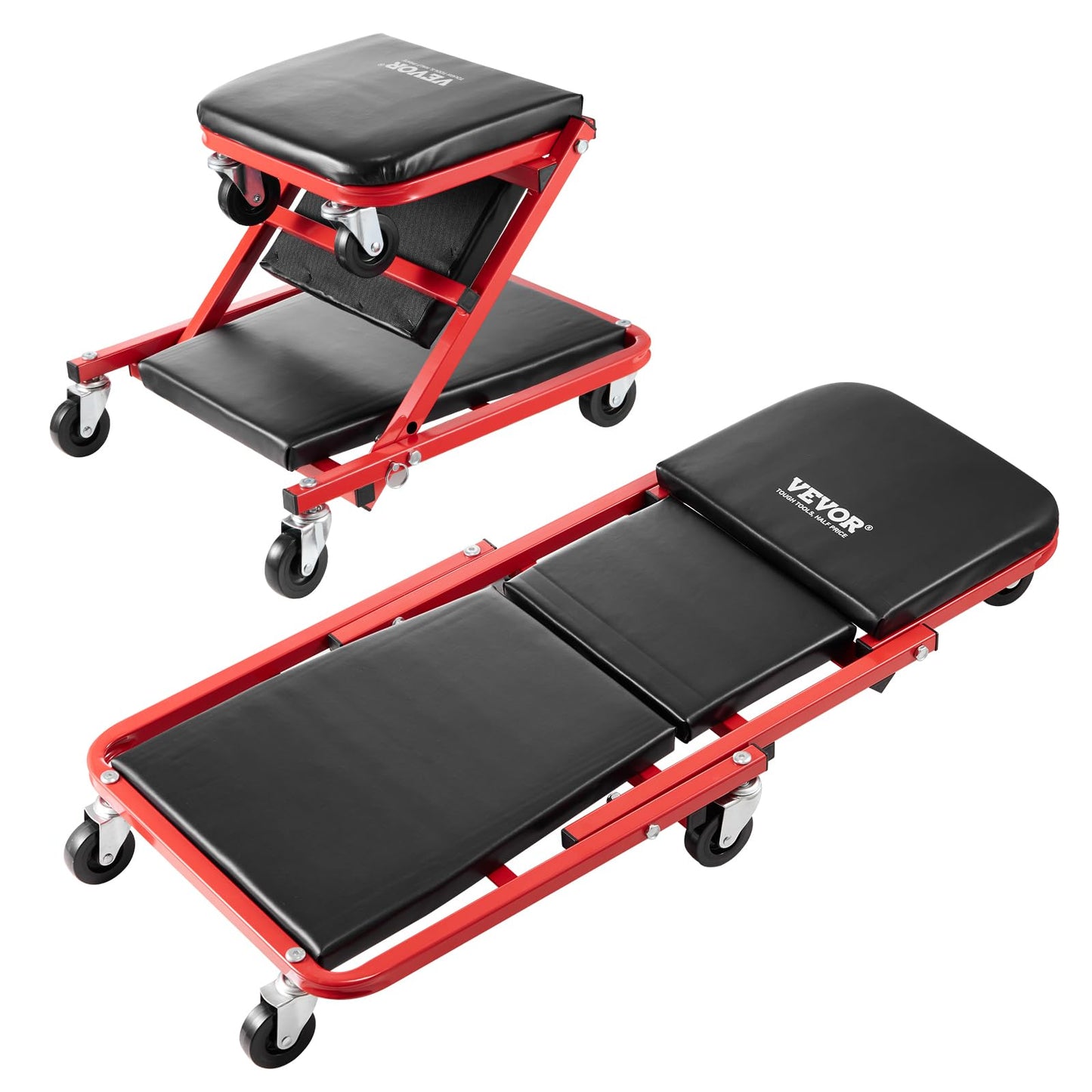 VEVOR Foldable Z Garage Creeper, 36 in, 300 lbs Load Capacity Rolling Folding Mechanic Creeper Stool, with 6 Wheels Tool Tray Padded Seat Steel Frame, Lay Down or Sit Chair for Garage Shop or Home