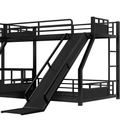 Metal Twin XL Over Queen Bunk Beds with Twin XL Loft Bed, Heavy Duty Triple Bunk Bed Frame with Slide and Desk,L-Shaped Triple Bunk Beds with Storage Shelves for 3 Kids,Black