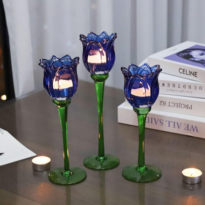 VOHO Blue Flower Tealight Candle Holder Set of 3 with Different Heights, Lovely Tulips Tea Light Candle Holder Glass Table Centerpieces for Dining Room Bookcase, Blue Votive Candle Holders Home Decor