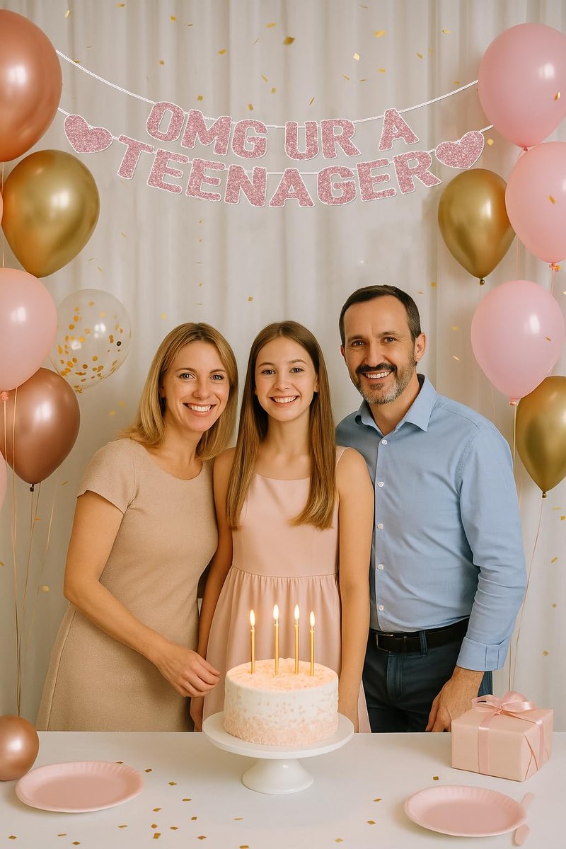 OMG UR A TEENAGER Banner – 13th Birthday Decorations for Girls, Rose Gold Glitter Happy 13th Bday Party Decor, Pre-Strung Teen Girl Birthday Decorations for 13 Year Old Girl