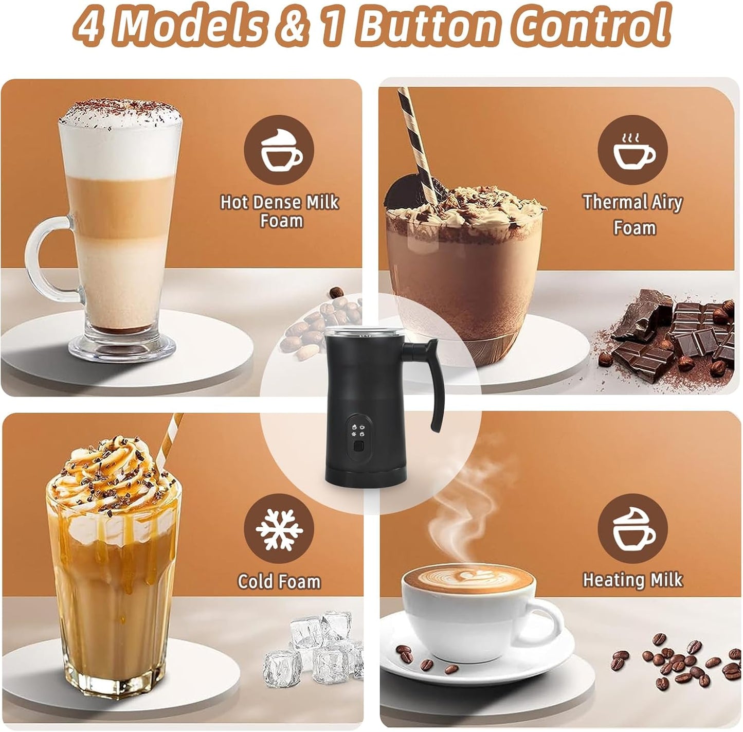 Milk Frother, 4 in 1 Electric Steamer with Handle, Automatic Warm and Cold Foam Maker for Coffee, 400W, Black