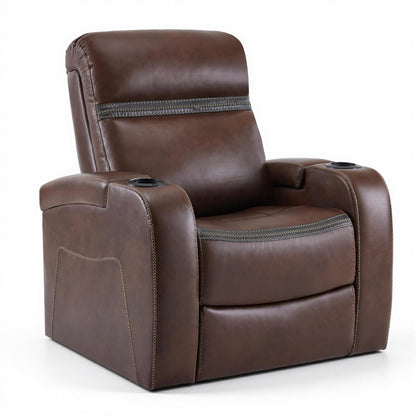 MCombo Power Recliner Chairs, Leather Recliner Chair for Adults, Home Theater Seating with Adjustable Headrest, USB Ports, LED Light & Armrest Storage, Recliners for Living Room HTS400 (Light Brown)