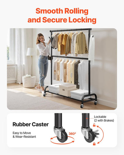VEVOR Clothes Rack, Rolling Clothing Garment Rack with Adjustable Crossbar and Side Hooks, 150 lbs Load Capacity, Heavy Duty Carbon Steel Clothing Racks with Wheels for Bedroom, Laundry, Living Room