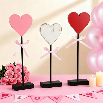 Yerliker 3 Pcs Valentine's Day Wooden Hearts Shape Sign, Valentines Day Farmhouse Table Decor, Rustic Pink Heart Shaped Standing Block, Love Signs for Centerpieces Wedding Party Favor Supplies