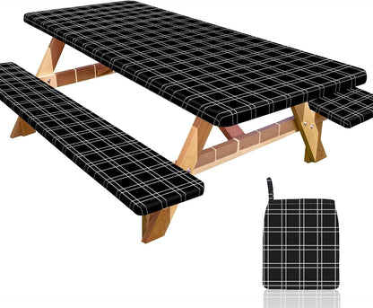 HobbLab Rv,72in,Black Picnic Table Cover with Bench Covers Portable Table Cloth Built-in Storage Pocket Fitted