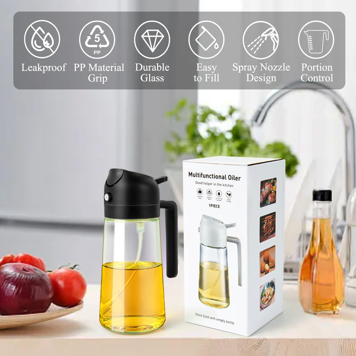 Ponpon Oil Sprayer for Cooking, 16oz Olive Oil Spray Bottle, Oil Dispenser for Kitchen for Barbecue, Salad, Cooking, Baking (Black)