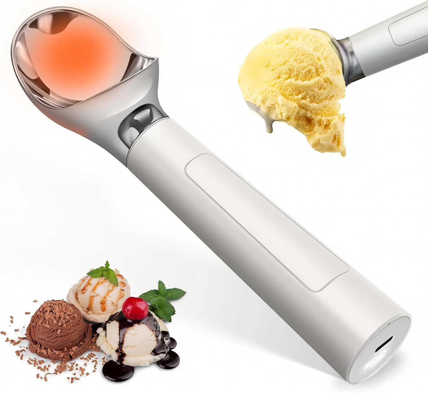 158F Heated Ice Cream Scoop Rechargeable, Waterproof Electric Ice Cream Scoop for Hard Ice Cream, Rechargeable with LED