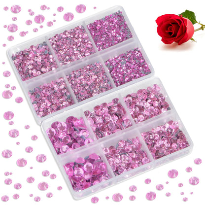 Bymitel Hotfix Crystal Rhinestones Round Gems for Crafts,Mixed 6 Sizes with Wax Pencil Kit, Lt. Rose 1.6-6.3mm SS4-SS30/8000pcs