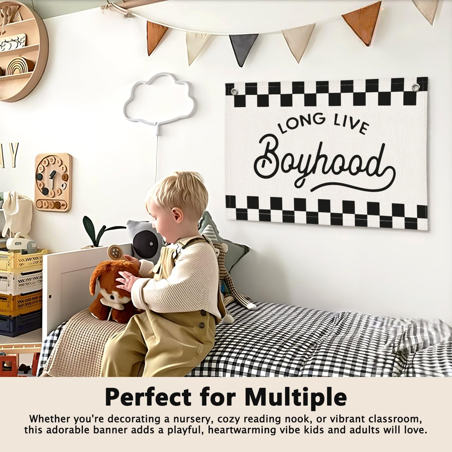 ETVISO Long Live Boyhood Black and White Checkered Boys Room Decor - Cars Room Decor Linen Banner Wall Hanging Canvas Banner Flag Decor for Toddler Boy Bedroom Nursery Playroom Birthday Party