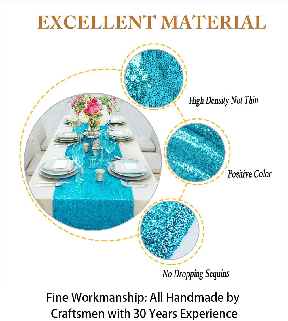 ShinyBeauty Turquoise Sequin Table Runner 12x108-Inch Aqua Party Runner for 30th Birthday Decorations