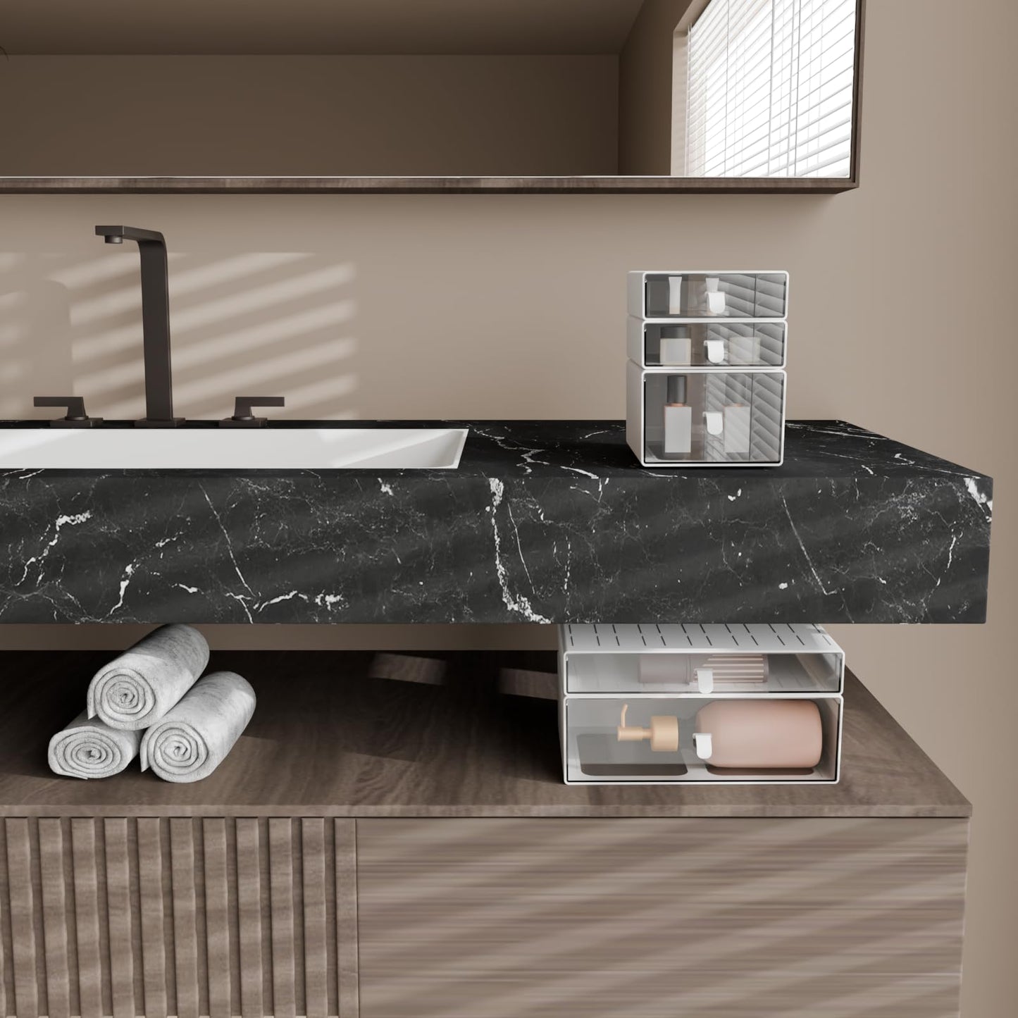 Yashong Desk Organizer Set, White & Clear Stackable Dustproof Storage Boxes for Desktop, Office, Bathroom, DIY Craft & Vertical Space Saving, Perfect for Makeup, Stationery Organization (5 Drawer)