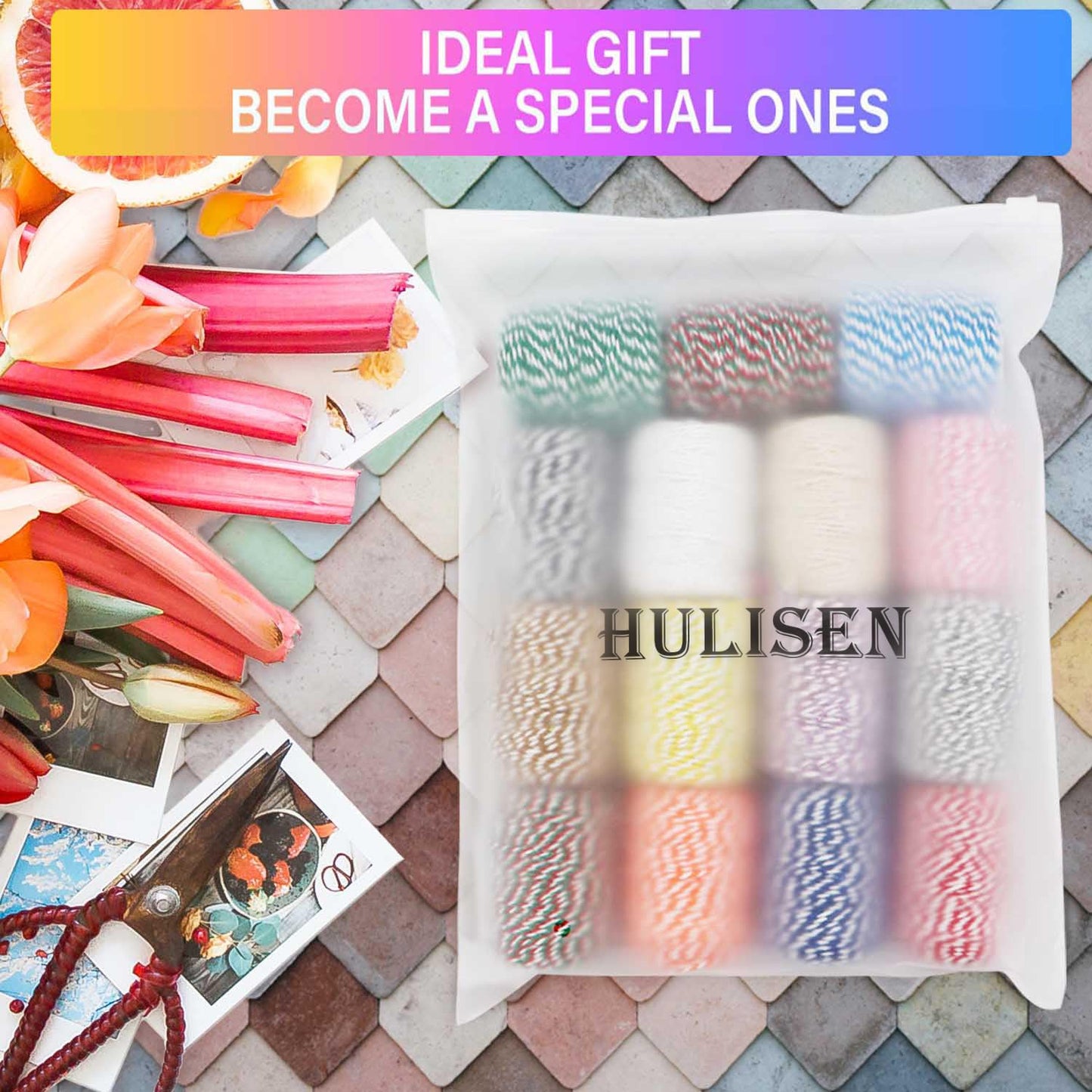 HULISEN Colorful Bakers Twine, 15 Rolls 2mm 3 Strands Cotton String for Cooking, Artworks, DIY Crafts, Plant Hanger and Embellishments, Festive Twine for Gift Wrapping (Each 164 Feet)