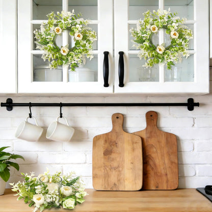 KHOYIME Floral Candle Rings Wreath 4PCS Small Spring Summer White Artificial Flowers Greenery Wreaths for Pillars, Mini Candle Holder Kitchen Cabinets Table Centerpieces Wedding Party Farmhouse Decor