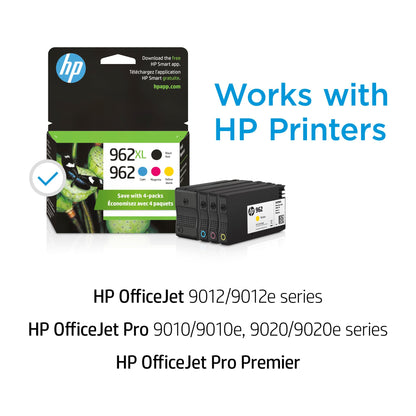 Original HP 962 Cyan, Magenta, Yellow / 962XL Black Ink Cartridges (4-Pack) | Works with HP OfficeJet 9010 Series, HP OfficeJet Pro 9010, 9020 Series