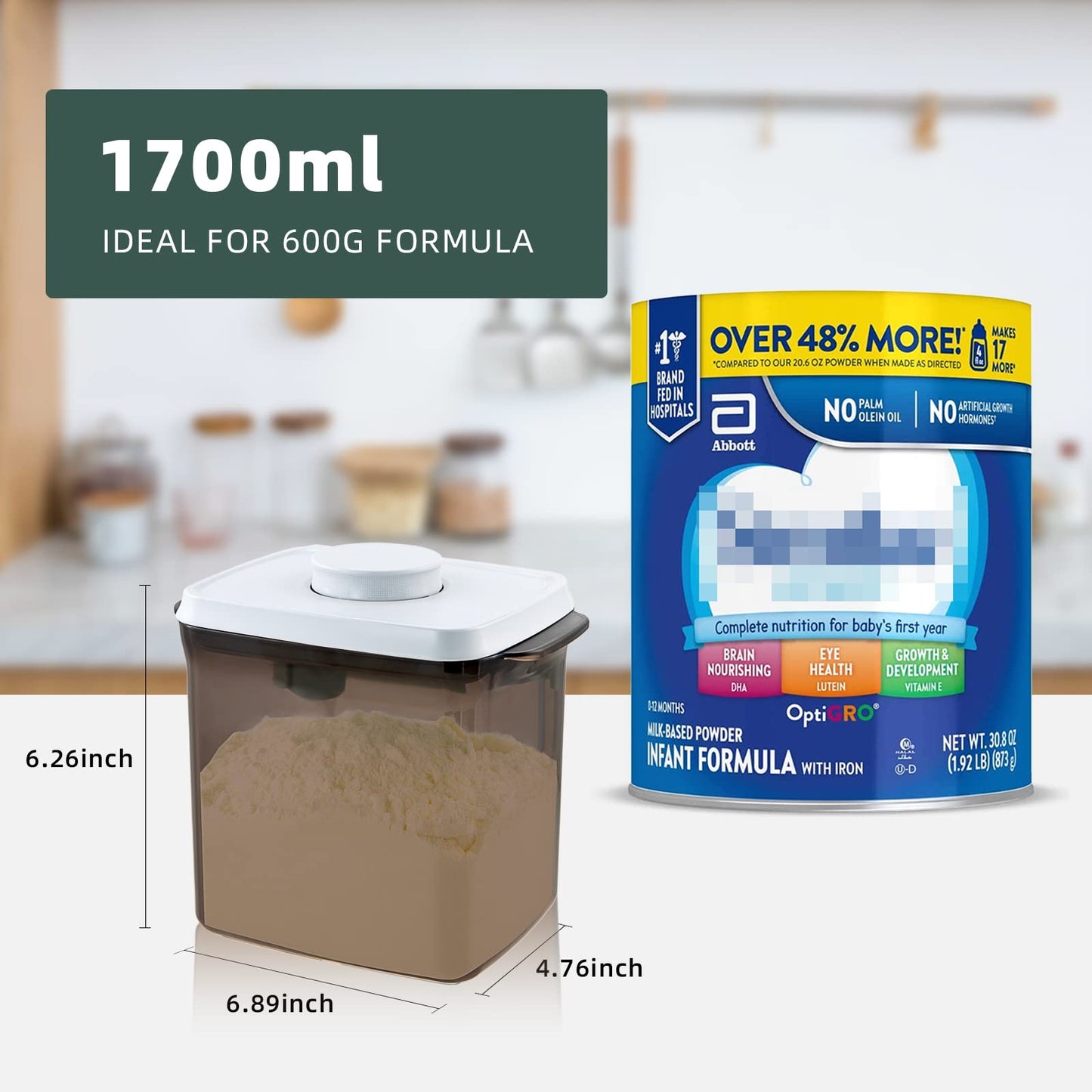 Tourdeus 1700ml Airtight Formula Container Pop Up Milk Powder Container Formula Dispenser, 21OZ, 1.32LB, 600g, Brown