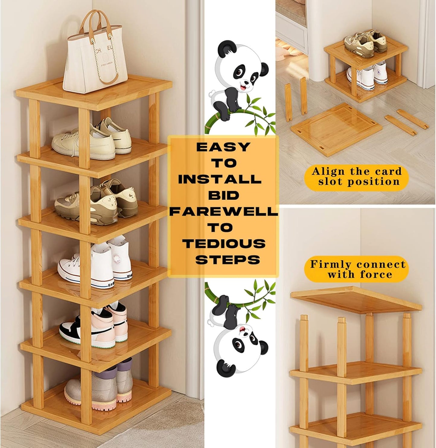 3Tier- Closet SAN HE Bamboo Shoe Rack Vertical Shoe Rack for Small Spaces, Tall Narrow Shoe Rack Organizer for Entryway