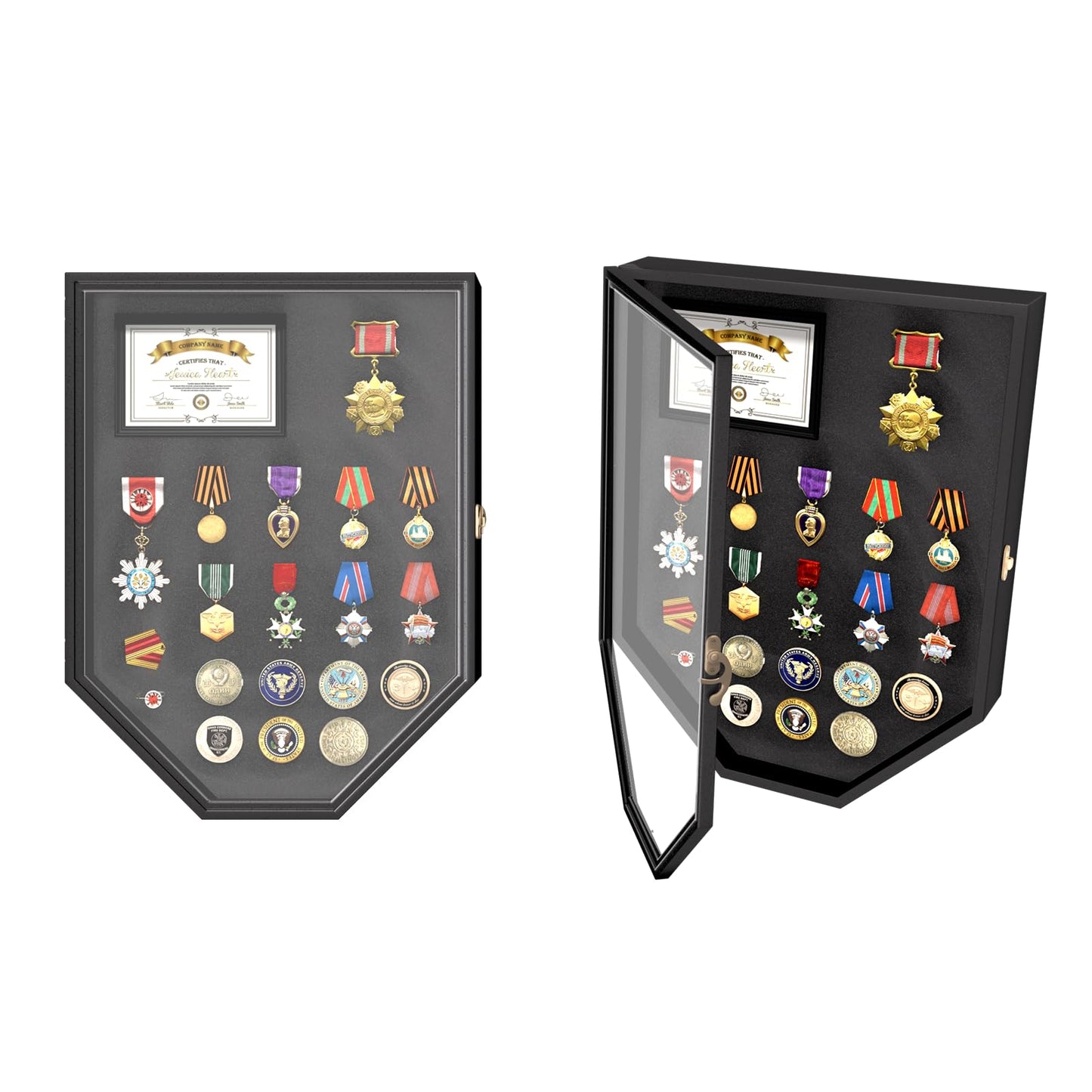 REFGY Challenge Coin Display, Military Coin Holder Display, 11.8 x 15.7 Inch Large Medal Display Case & Pin Display Cabinet with Horn Lock, Shadow Box Display Case for Military Medals,Insignia Ribbons