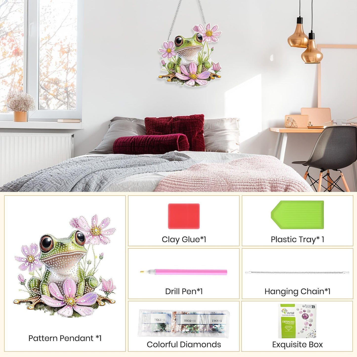 Hanging Diamond Art Kits for Adults Beginners, Frog Flower Diamond Painting Pendant Kit, DIY Acrylic 5D Special Shaped Crystal Diamond Gem Art Painting Hanging Ornament for Home Wall Decor and Gift