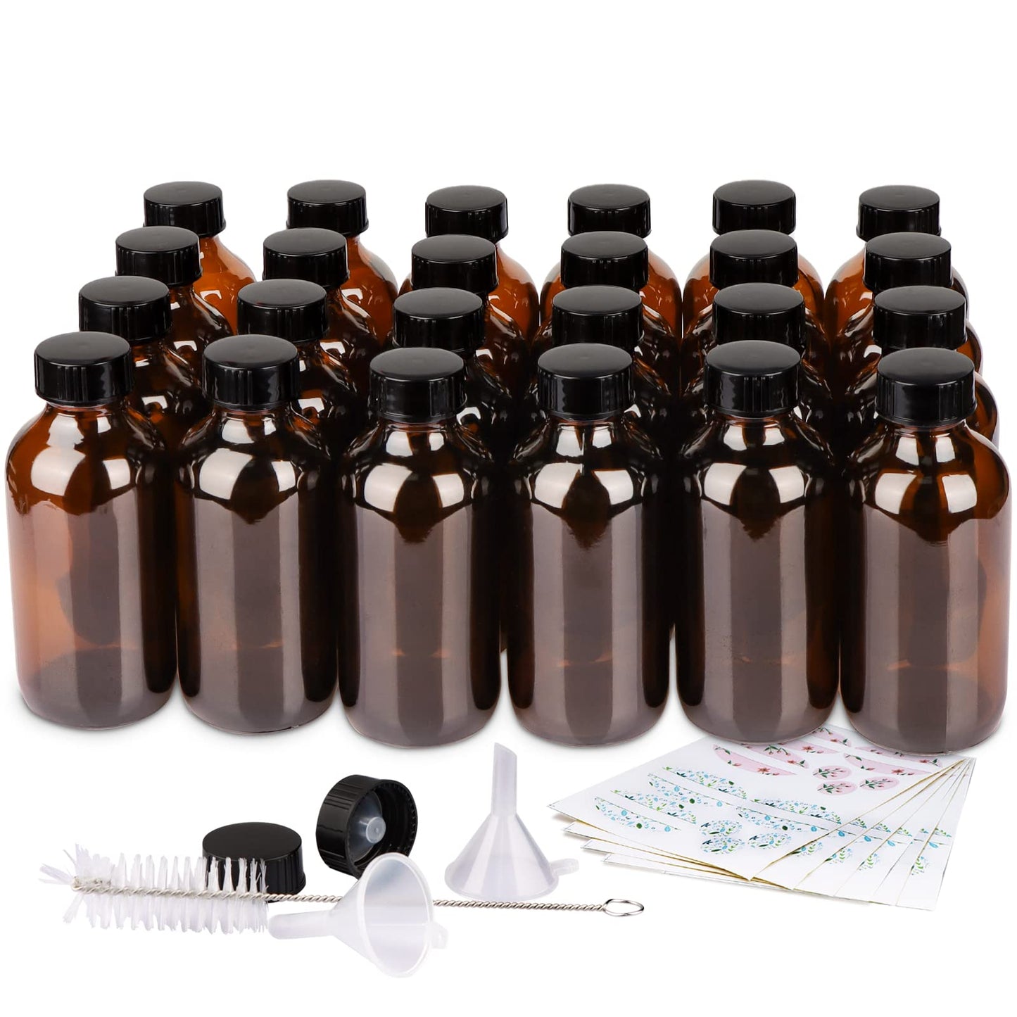 PINIWON 24 Pack 4 oz Amber Glass Bottles, 120ml Boston Round Sample Bottles with Black Poly Cone Caps, Labels, Funnels and Brush