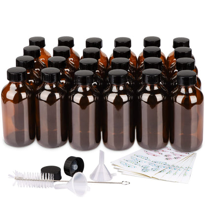 PINIWON 24 Pack 4 oz Amber Glass Bottles, 120ml Boston Round Sample Bottles with Black Poly Cone Caps, Labels, Funnels and Brush