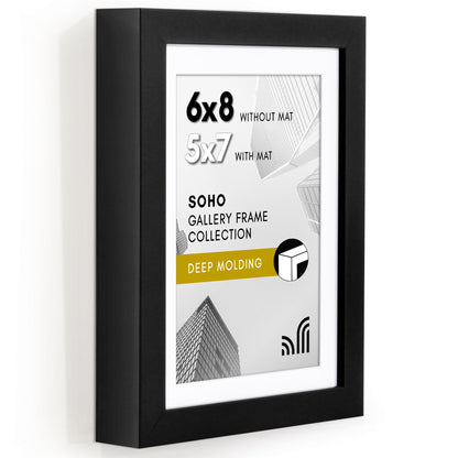 Americanflat 6x8 Picture Frame with Shatter-Resistant Glass - Use as 5x7 Frame with Mat or Display 6x8 Photo Without Mat - Soho Collection - Deep Molding Picture Frames for Tabletop or Wall - Black
