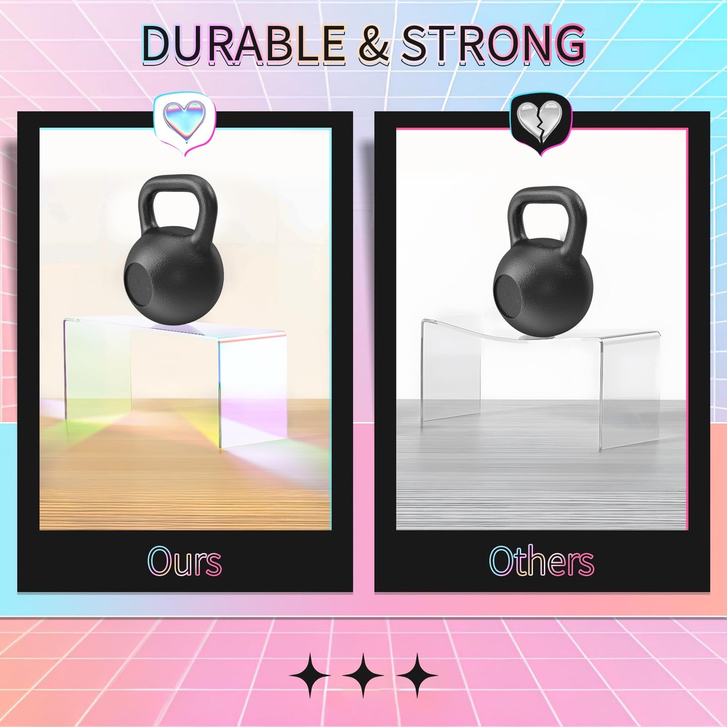 6pcs Iridescent Acrylic Display Risers, Rainbow Display Stand Set for Collectible Figures Jewelry Perfume Organizer, 3 Sizes Rectangular Stands for Candy Dessert Cupcake, Vendor Booth Retail Showcase