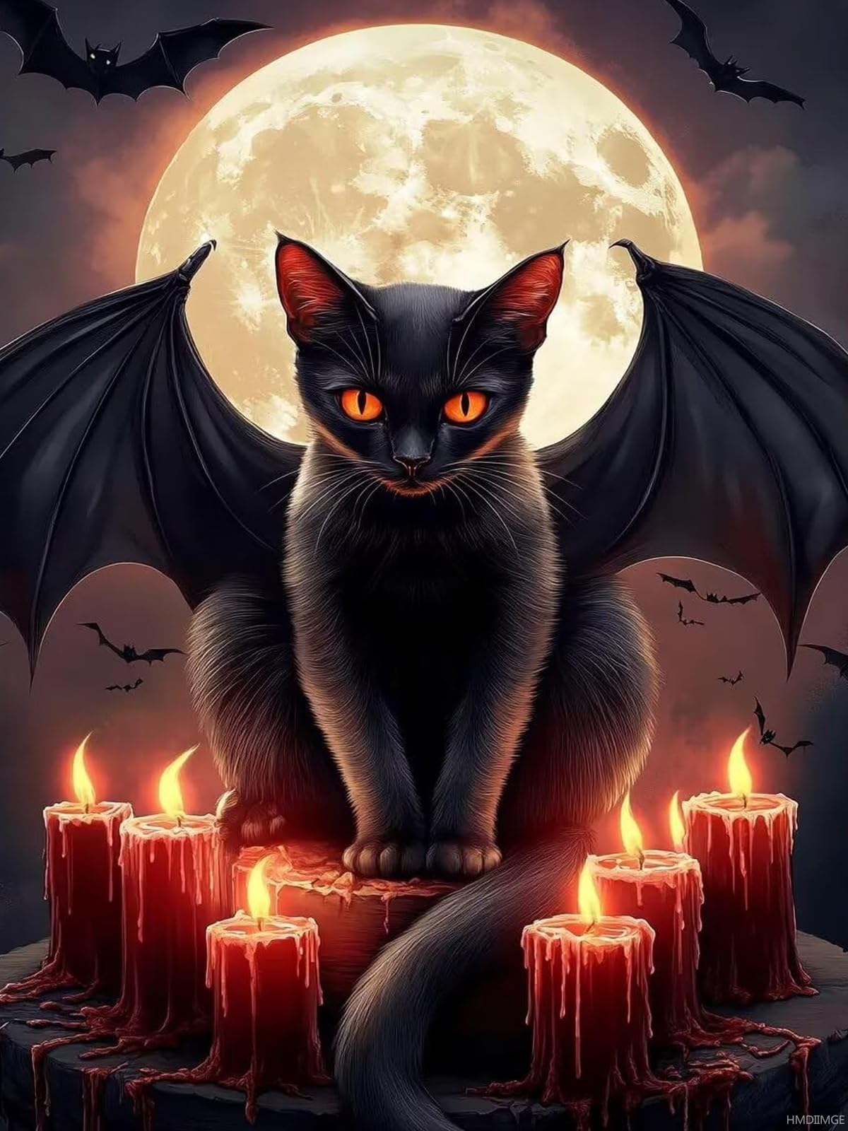 HMDIIMGE 5D Candle Bat Black Cat Diamond Painting Kits, Full Round Diamond Crystal Art Craft Kits for Adults, for Wall Decor and Living Room Decor Gifts 12x18 inch