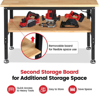 ENJOYWOOD 60" x 22" Adjustable Height Workbench with Under Table Shelf Heavy Duty Rubberwood Top Work Table for Garage, Workshop, Office & Home