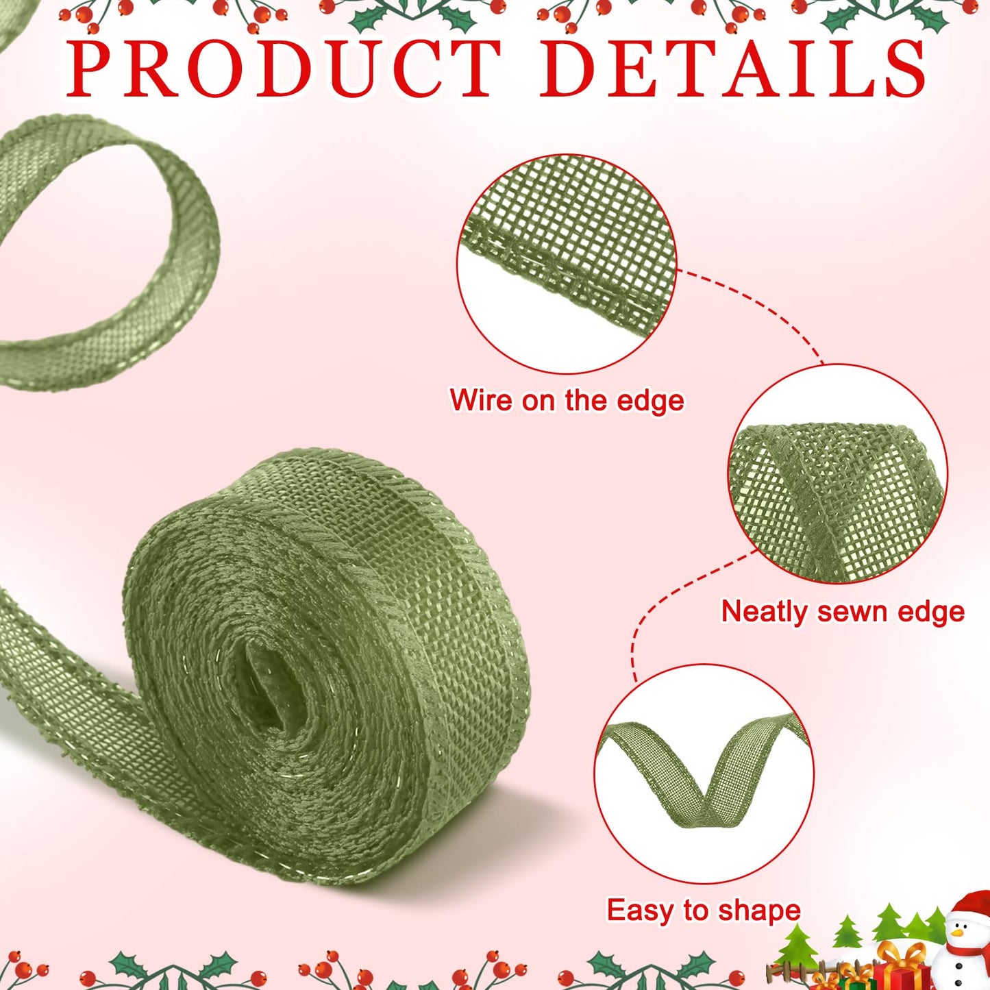 WILLBOND 6 Rolls 33 Yards Christmas Burlap Ribbon Fabric Wired Edge Green Red Natural Wrapping Ribbon Xmas Craft Farmhouse Decorative for Wreath DIY Xmas Tree Holiday Decor, 1 and 2 Inch(1'')