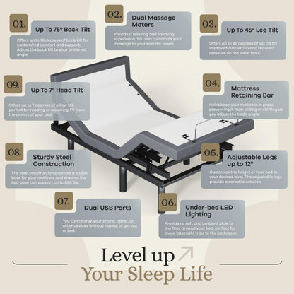 Sven & Son Harmony Adjustable Bed Base, Head and Foot Lift, Massage, Under-Bed Lights, USB, Gel Memory, Zero Gravity Smart Frame - Twin XL + 10 inch Memory Foam Matt (Firm)