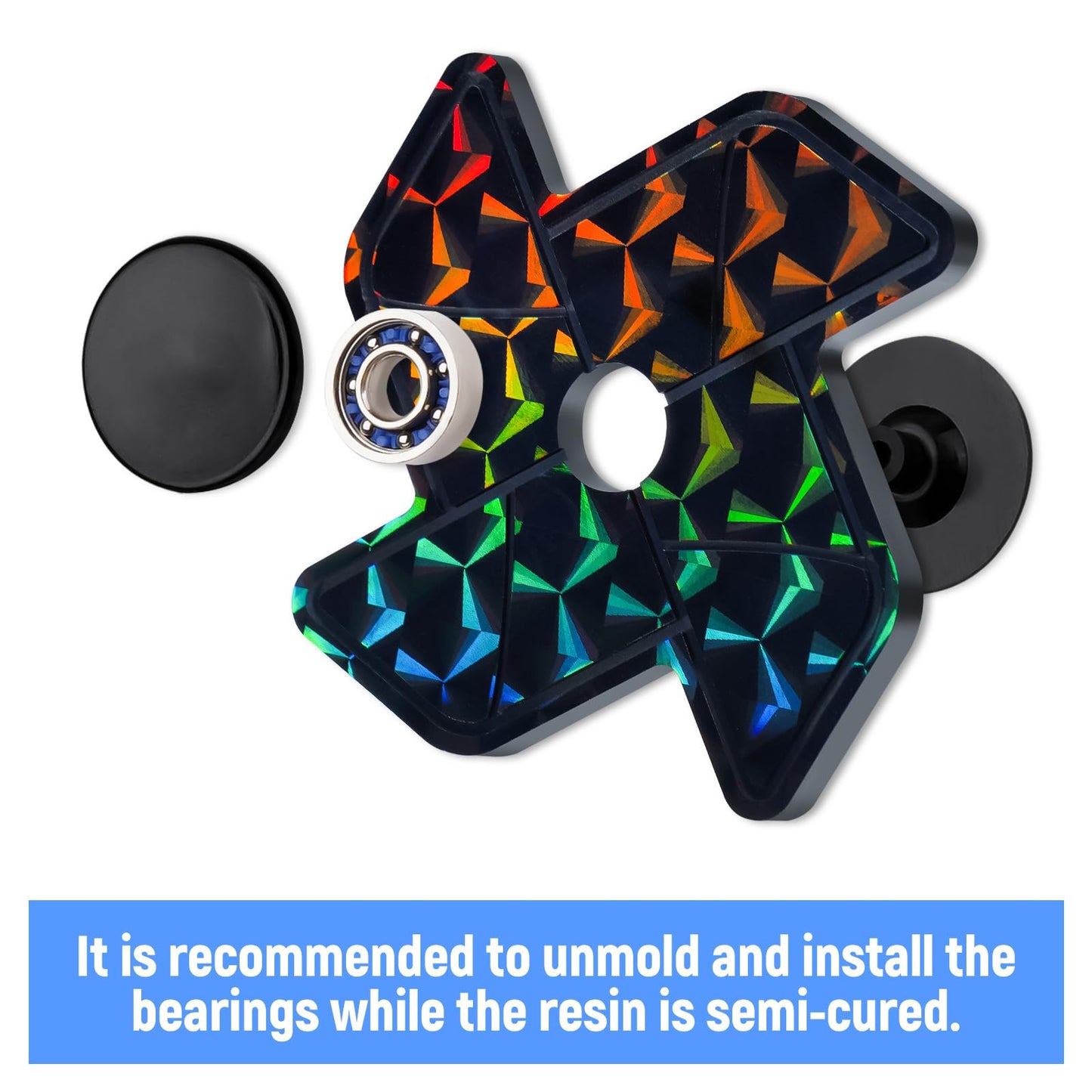 NiArt DIY Epoxy Resin Fidget Spinner Molds Set – 5 Holographic Silicone Casting Molds with Rainbow Texture, 15 Bearings, 15 Pairs Plastic Caps & Organizer Box for Handmade Finger Toys & Craft Projects