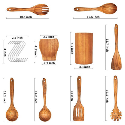 Teak Wooden Spoons for Cooking - 9 Pcs Comfort Grip Kitchen Utensil Set with Holder & Rest