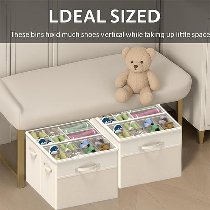 BFLBFL 2 Pack Shoe Organizer for Closet, Clear Foldable Shoe Storage Containers Fits 14 Pairs,Shoe Storage Bins Baskets Boxes with Reinforced Handles Beige Shoes Organize