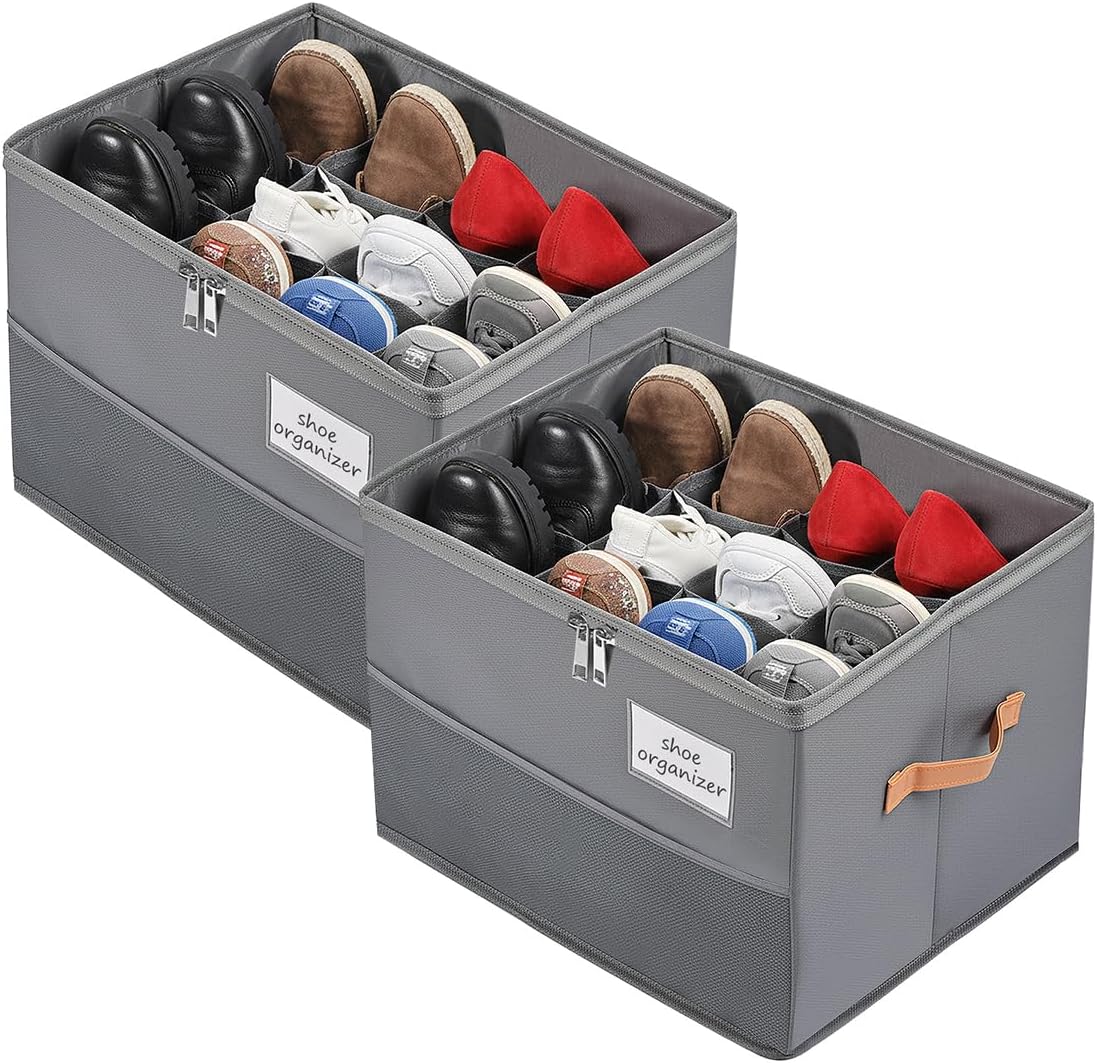 Chewlish Closet, (2, Shoe Organizer for Foldable Shoe Box Storage Containers with Clear Cover, Smooth Zipper