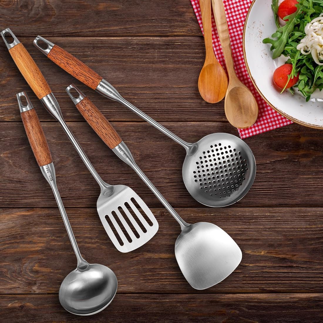 Stainless Steel Kitchen Utensil Set, 4 Pcs Cooking Cookware Set with Heat Resistant Wooden Hand