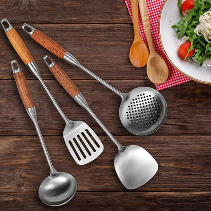Stainless Steel Kitchen Utensil Set, 4 Pcs Cooking Cookware Set with Heat Resistant Wooden Hand