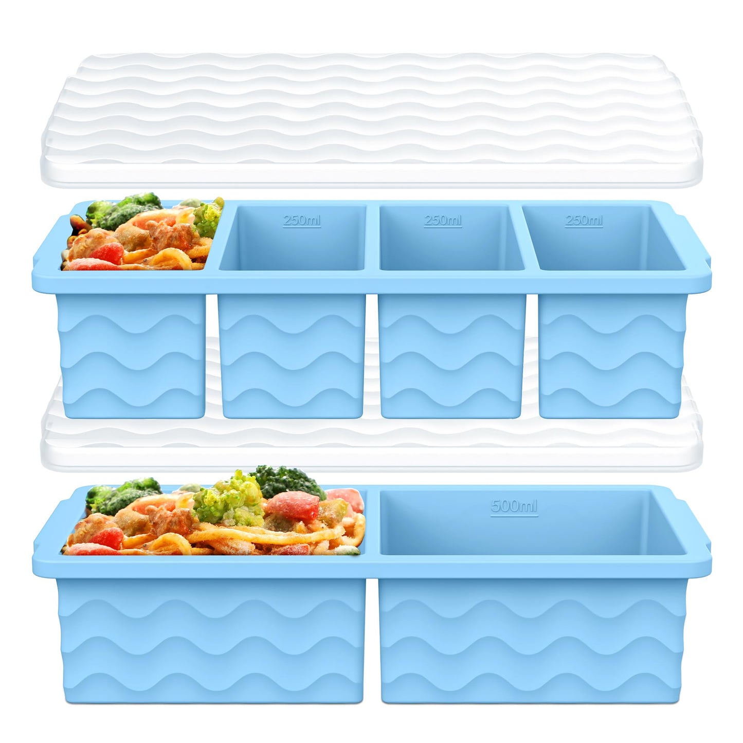 Silicone Freezer Molds for Soup with Lid, 1-Cup & 2-Cup Large Ice Cube Trays Food Storage Containers for Meal Prep, Freeze 500mL/250mL/125mL Portions – 2 Pack