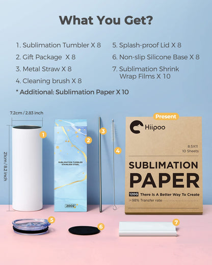 Hiipoo 8 Pack Sublimation Tumblers Blank 20 oz Straight Skinny with Sublimation Papers, Lids and Straws, Shrink Wrap Films, Stainless Steel Double Wall Insulated Tumbler for Mug Press Machine