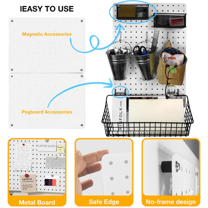 G.CORE Steel Pegboard and Hooks - 44pcs Peg Board Panels Organizer 1/4" Holes 14"x10" with J L Hooks - Kitchen Bathroom Craft Office Garage Tool Display Organization Drill/Adhesive Mounting (White)
