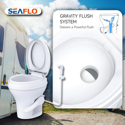 SEAFLO Residential Height Camper/RV Toilet with Sprayer Attachment, 18.5” Standard Height, Gravity Flush System, Foot Pedal Operation, Soft Close Seat, 4-Year Warranty (With Sprayer Attachment)