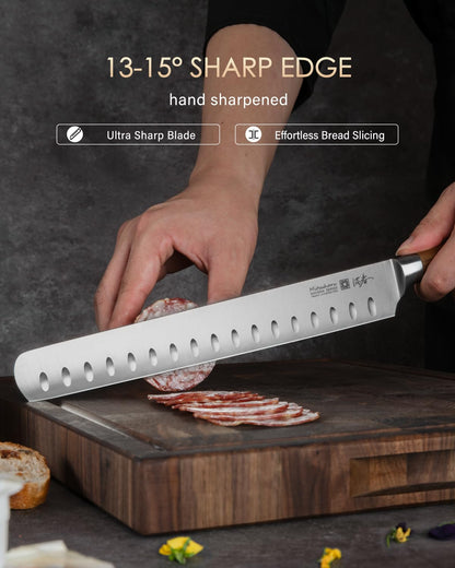 Mitsuharu 10.75" Slicing Knife, SHOMAN Series Brisket Knife for Meat Cutting with Ergonomic Olive Wood Handle, German Steel Meat Carving Knife for BBQ Brisket Turkey Ribs Roast Beef with Case