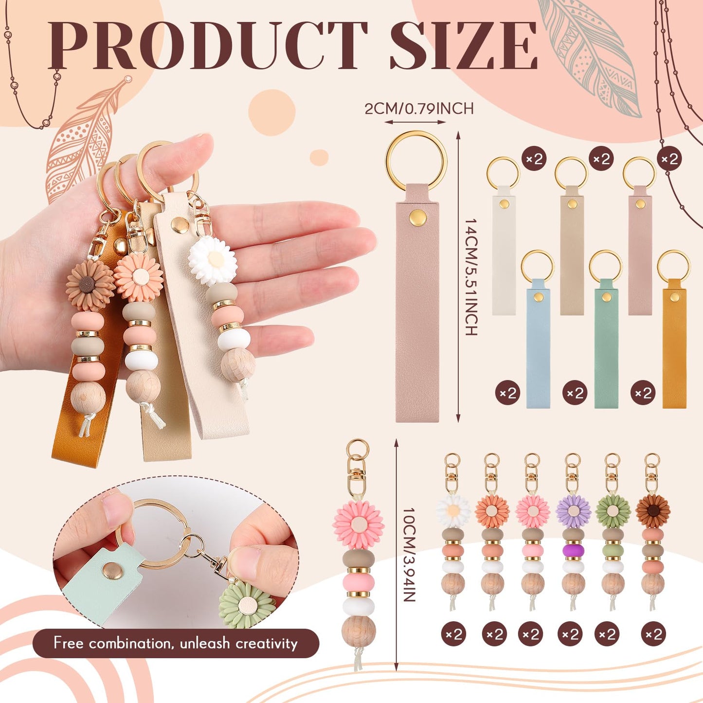 Wavyknot 12 Set Daisy and PU Leather Beadable Keychain Bars Bulk Laser Engraving Blanks Keychain Kit for DIY Crafts Jewelry (Pastel, Rectangle)