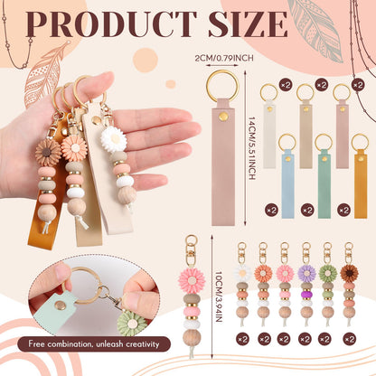 Wavyknot 12 Set Daisy and PU Leather Beadable Keychain Bars Bulk Laser Engraving Blanks Keychain Kit for DIY Crafts Jewelry (Pastel, Rectangle)